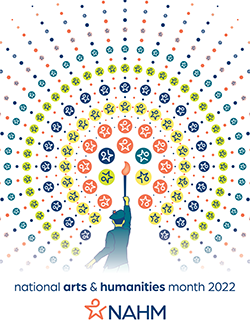 Drawing of a person holding up a torch. The NAHM logo radiates out from the flame. 'National Arts & Humanities Month 2022'.